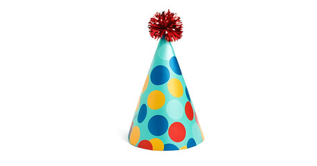 A festive and fun party hat with colorful polka dots and a fluffy pom-pom, perfect for birthday parties, celebrations, and joyful events.