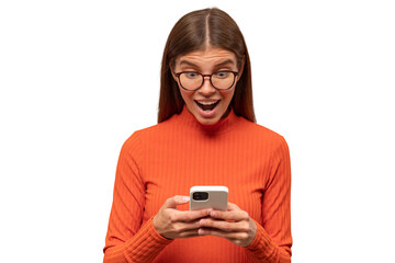 Surprised woman reading news feed in social media app on the phone looking at screen with excitement