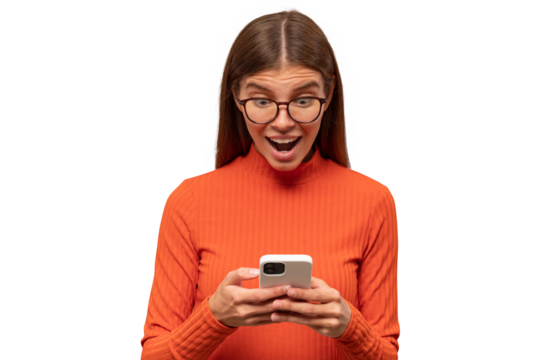 Surprised woman reading news feed in social media app on the phone looking at screen with excitement
