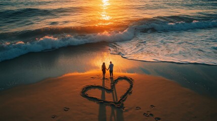 Couple Standing on a Beach at Sunset with a Heart Drawn in the Sand