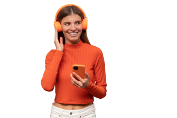 Young woman listening to audio book or favorite song in wireless headphones using mobile music app