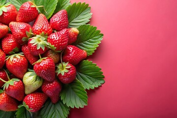 Fresh strawberries with green leaves on asymmetrical strawberry background