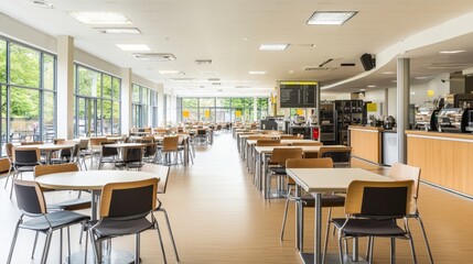 A wide view of a bright and spacious school canteen, featuring rows of tables and chairs neatly arranged in a self-service layout.