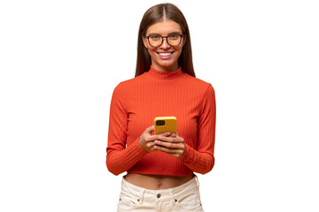 Portrait of student girl using studying app to learn foreign language