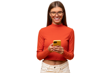 Portrait of student girl using studying app to learn foreign language