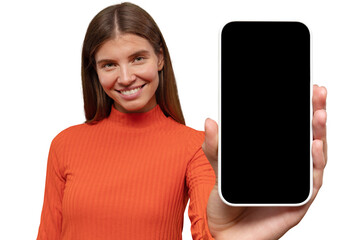 Happy young woman holding blank phone screen with copy space for the app