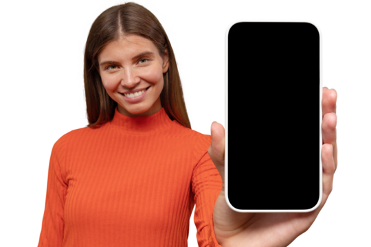 Happy young woman holding blank phone screen with copy space for the app