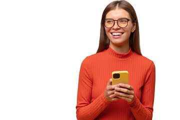 Smiling woman having fun browsing social media network on phone
