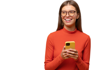 Smiling woman having fun browsing social media network on phone