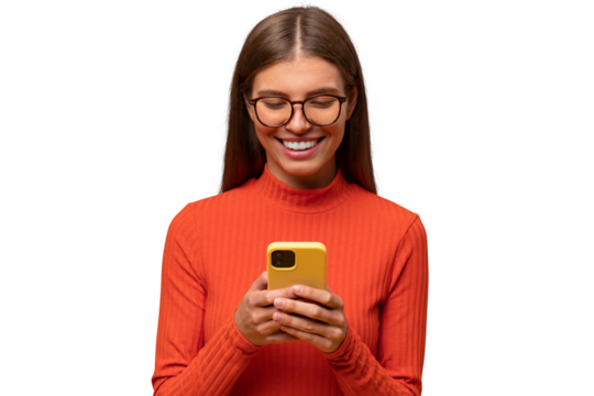 Woman using smartphone surfing, watching popular podcast online