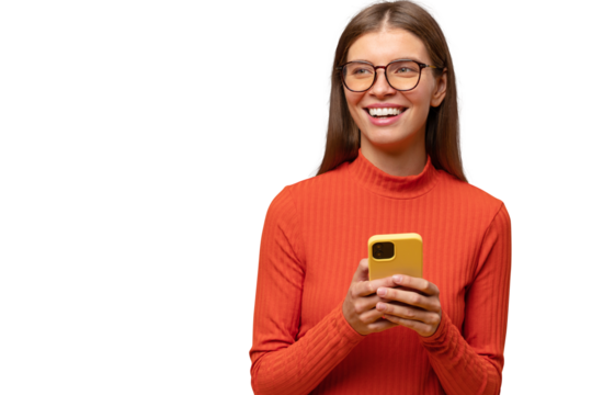 Smiling woman having fun browsing social media network on phone