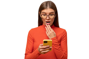 Shocked woman reading message with news on phone touching opened mouth