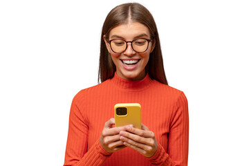 Lucky woman holding phone looking at screen with excited face, reading sms with good news