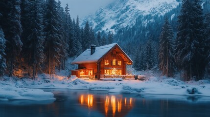 Fototapeta premium A cozy wooden cabin with glowing windows sits on a snowy lake shore in front of a majestic mountain range.