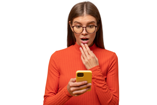 Shocked woman reading message with news on phone touching opened mouth