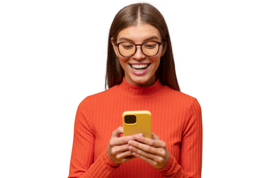 Lucky woman holding phone looking at screen with excited face, reading sms with good news