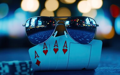Stylish sunglasses resting on a poker table with four aces and a casino chip against a bokeh background.