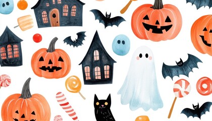 Fototapeta premium Watercolor Halloween Illustration with Pumpkins, Bats, and Houses
