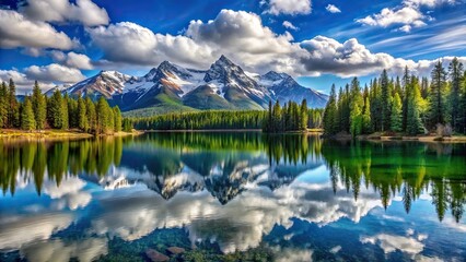 Mountain lake reflects snow capped peaks and evergreen forests under blue sky with fluffy clouds