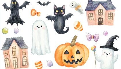 Watercolor Halloween Clipart with Ghosts, Pumpkins, and Candy