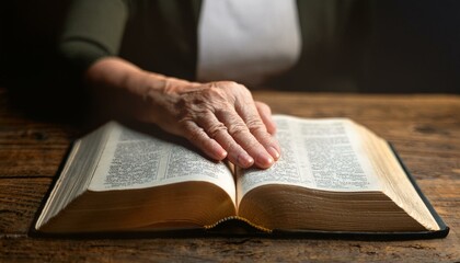 A middle-aged hand, palm down, placed softly on an open Bible on a plain wooden table.