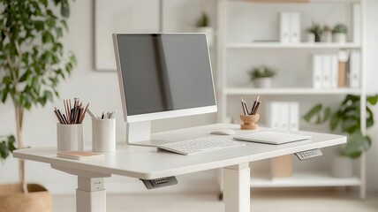 Fototapeta premium Modern workspace with a computer, plants, and organized office supplies on a stylish desk.