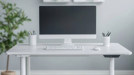 Modern white desk setup with computer and stationery, minimalistic design, ideal for workspace inspiration.