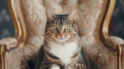 Majestic cat on a throne-like chair, exuding regal elegance, adorned with fine details, showcasing a commanding presence in a luxurious setting, captivating and noble.