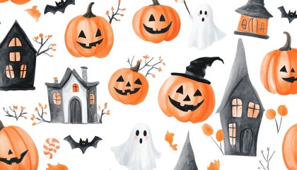 Fototapeta premium Watercolor Halloween Illustration with Pumpkins, Ghosts, and Houses