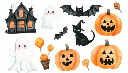 Fototapeta premium Watercolor Illustration of Halloween Icons