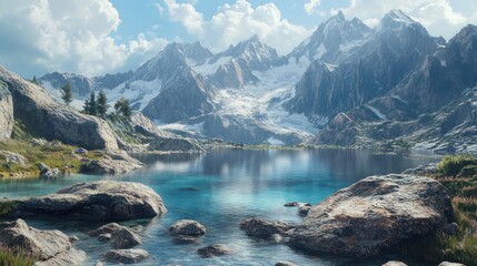 A serene mountain lake with crystal clear water reflects the snow-capped peaks of a mountain range.