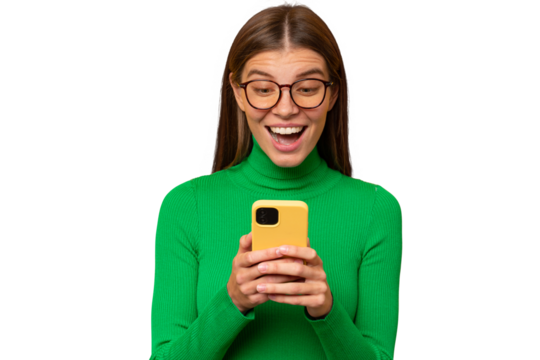 Super overjoyed woman holding phone with surprised and excited face