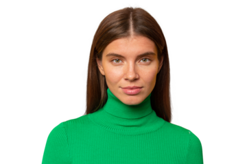 Headshot studio portrait of calm peaceful woman looking at camera