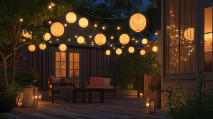 Fototapeta premium Outdoor patio with glowing lanterns and string lights at night