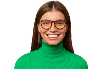 Headshot of student girl in stylish glasses smiling at camera with enthusiasm