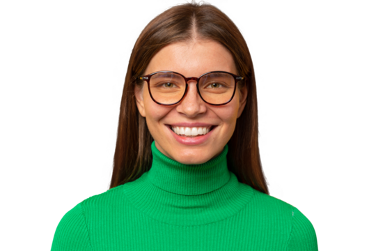 Headshot of student girl in stylish glasses smiling at camera with enthusiasm
