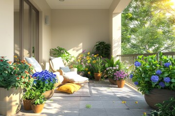 Fototapeta premium 3D Rendering of a Bright Summer Terrace with White Chairs, Green Yellow Pillows, and Colorful Flowers.