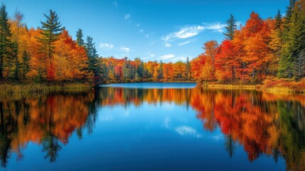 Fototapeta premium A serene lake reflecting the vibrant colors of autumn foliage.