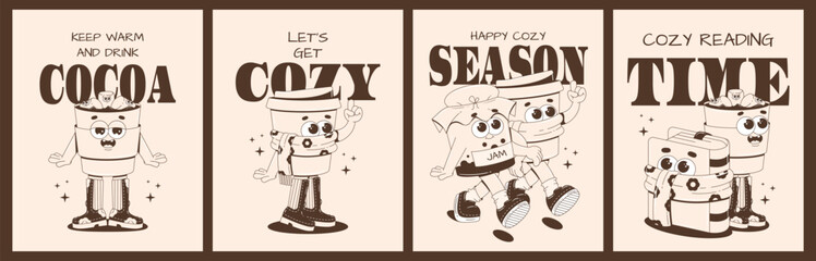 Set of cozy posters for winter and autumn seasons. Retro 70s cards with cute groovy characters. Mascots for restaurant. Monochrome palette