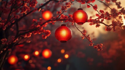 Fototapeta premium Two Red Lanterns Hanging on a Branch with Red Blossoms