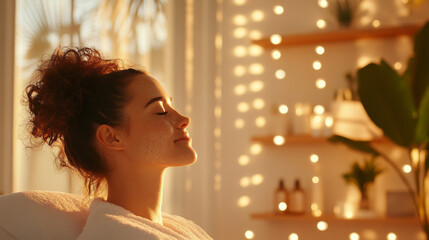 Relaxing in serene environment, woman enjoys moment of tranquility with her eyes closed, surrounded by soft lighting and natural elements. warm ambiance enhances her peaceful expression