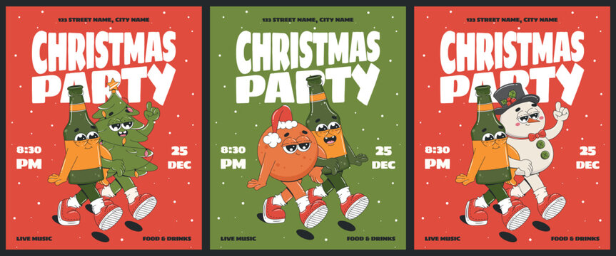Groovy Christmas party invitation posters with cartoon characters. Christmas tree, snowman, beer bottle, tangerine. Flyer template design.