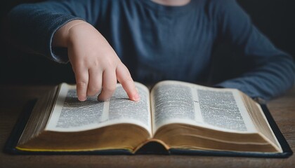 A child's small hand touching the center of an open Bible