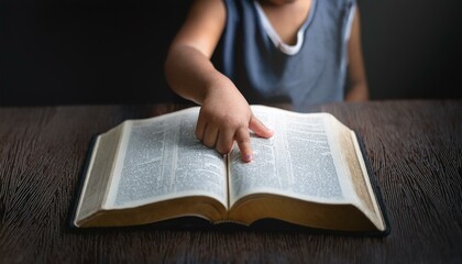 Naklejka premium A child's small hand touching the center of an open Bible