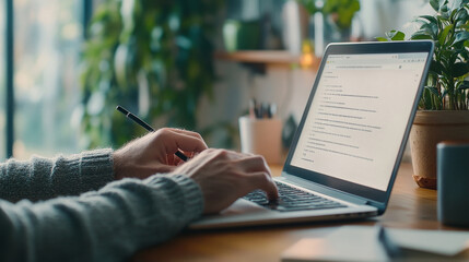 A person is working on laptop, writing notes with pen, surrounded by plants and cozy workspace. scene conveys sense of productivity and focus