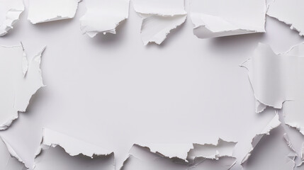Fototapeta premium Torn Paper Fragments on White Background, Isolated pieces with rough edges, intricate details, soft shadows, overhead view, ample copy space for creative text use.