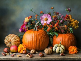 Harvest still life arrangement with pumpkins flowers nuts and apples on rustic table