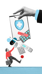 Businessman holding large health insurance clipboard, guiding doctor in protecting patients. Continuous care and expert guidance. Contemporary art collage. Concept of medicine, business, treatment