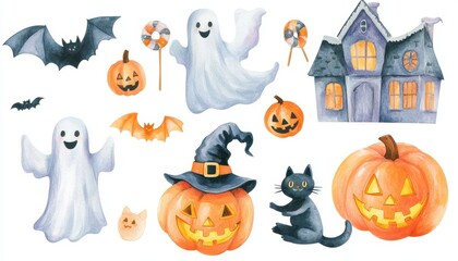 Watercolor Halloween Illustrations with Ghosts, Bats, Pumpkins, a Witch Hat, and a Haunted House