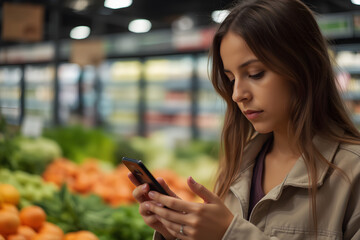 Young woman using cell phone while shopping in supermarket